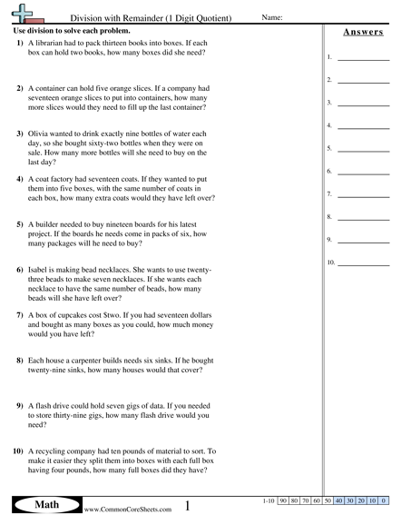3.oa.8 Worksheets - Division with Remainder (1 Digit Quotient) worksheet